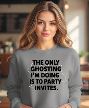 Comfy oversized sweatshirt with ghosting party invites design