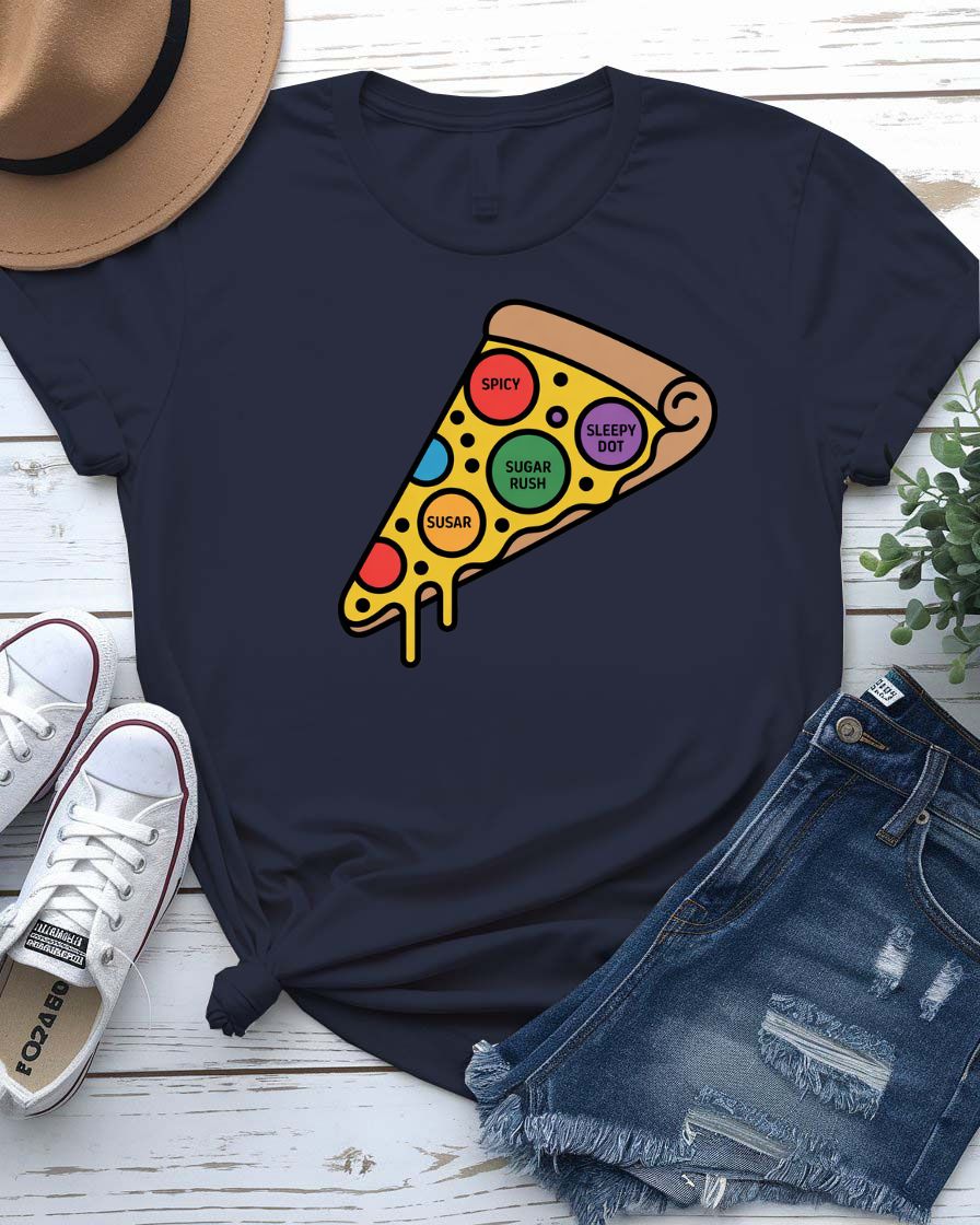 Funny Pizza Dot Tee with cheese-themed typography on unisex t-shirt by Memez Store