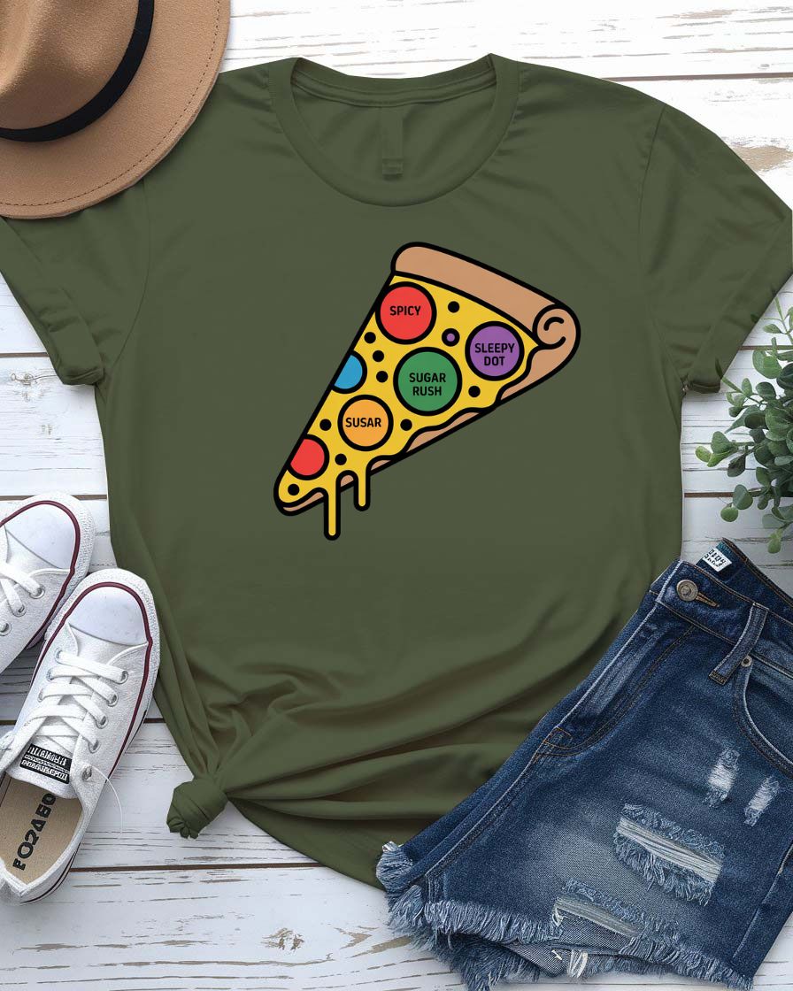 Funny Pizza Dot Tee with cheese-themed typography on unisex t-shirt by Memez Store