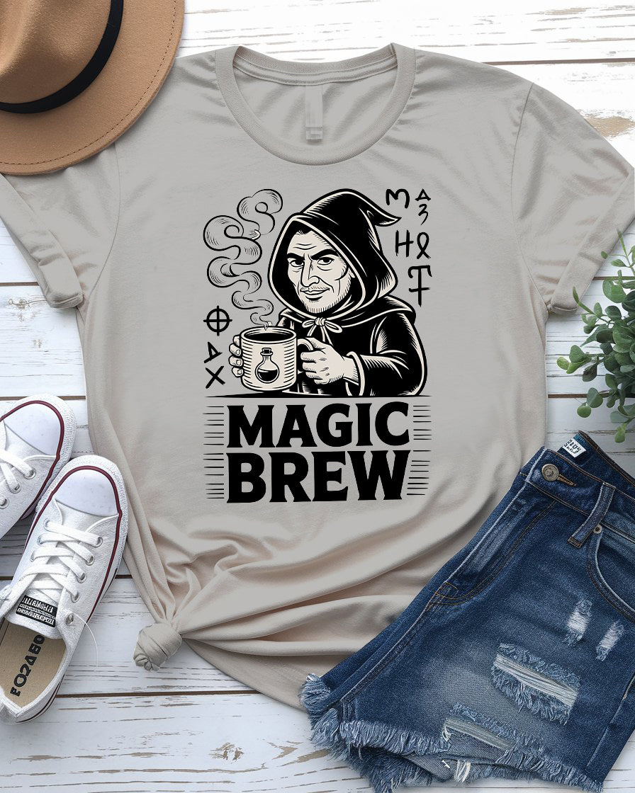 Magic Brew coffee meme t-shirt flat lay – great gift for espresso fans
