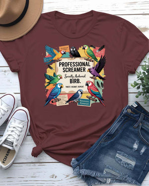 “Funny screaming bird meme tee with professor bird design”