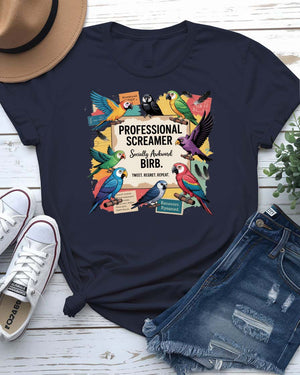 “Funny screaming bird meme tee with professor bird design”
