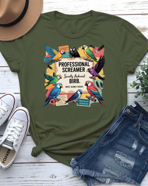 “Funny screaming bird meme tee with professor bird design”