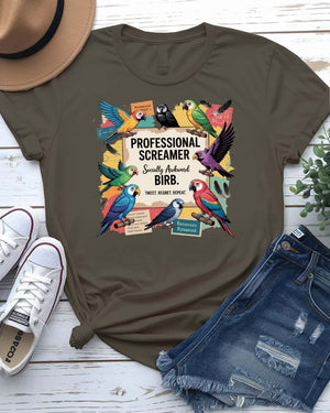 “Funny screaming bird meme tee with professor bird design”