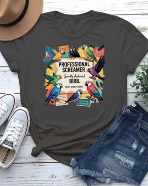 “Funny screaming bird meme tee with professor bird design”