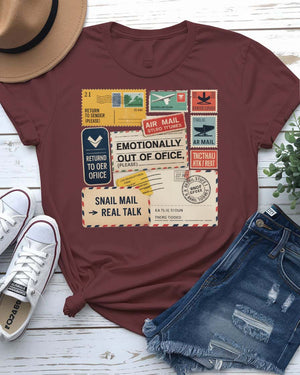 “Funny stamp collage tee with vintage graphics”