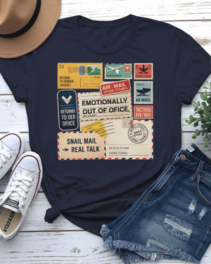 “Funny stamp collage tee with vintage graphics”