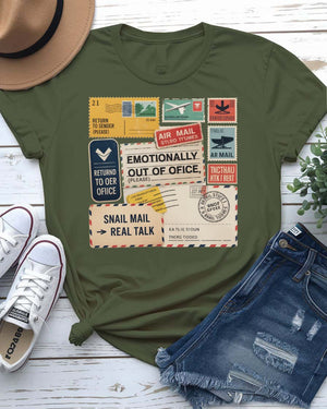 “Funny stamp collage tee with vintage graphics”