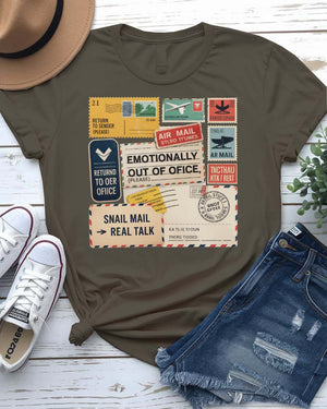 “Funny stamp collage tee with vintage graphics”