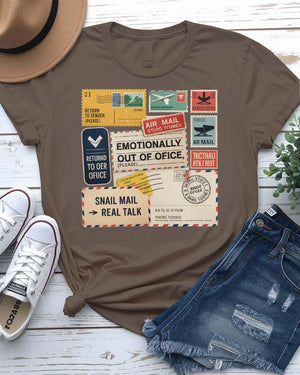 “Funny stamp collage tee with vintage graphics”