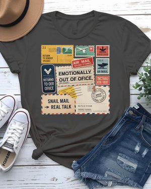 “Funny stamp collage tee with vintage graphics”