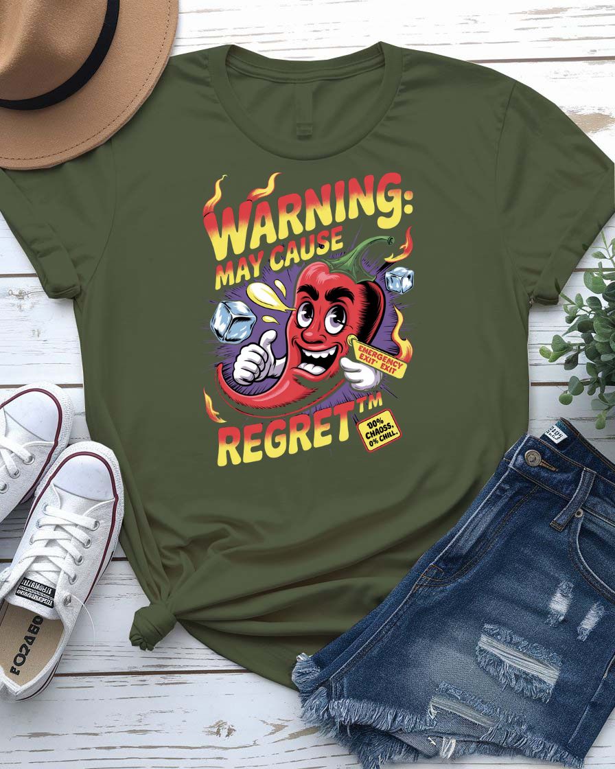 Funny t-shirt with “Warning May Cause Regret” meme quote printed in bold lettering, styled for food lovers and humor fans.