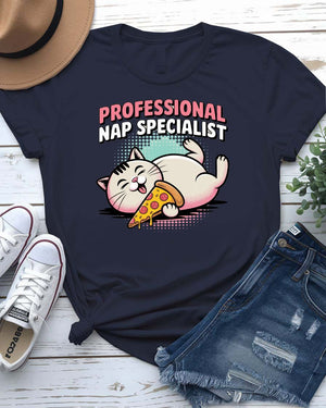 Funny unisex T-shirt with “Professional NAP Specialist” text and sleeping cat graphic from Memez Store