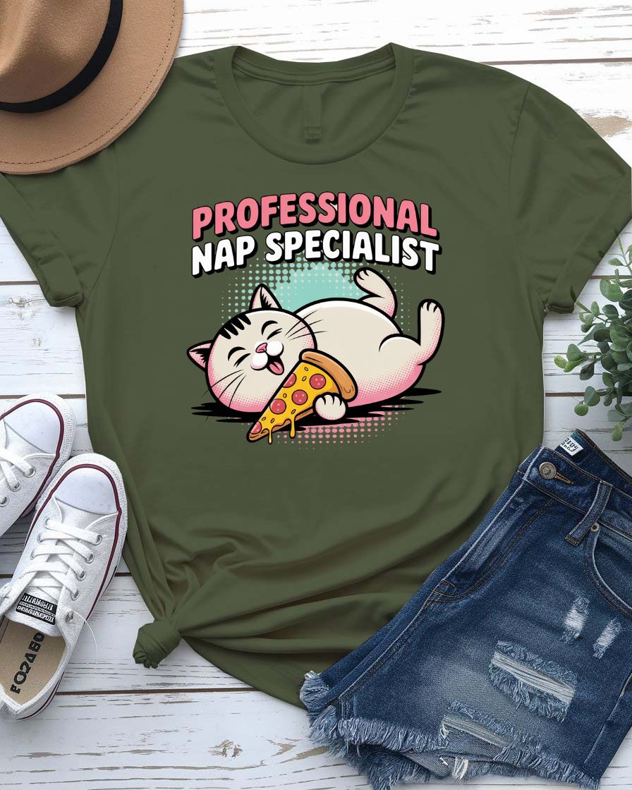 Funny unisex T-shirt with âProfessional NAP Specialistâ text and sleeping cat graphic from Memez Store