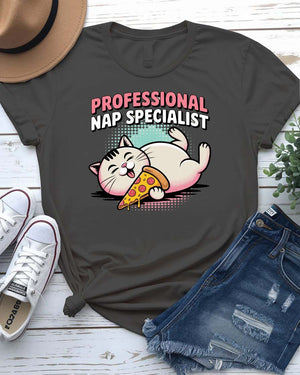 Funny unisex T-shirt with “Professional NAP Specialist” text and sleeping cat graphic from Memez Store