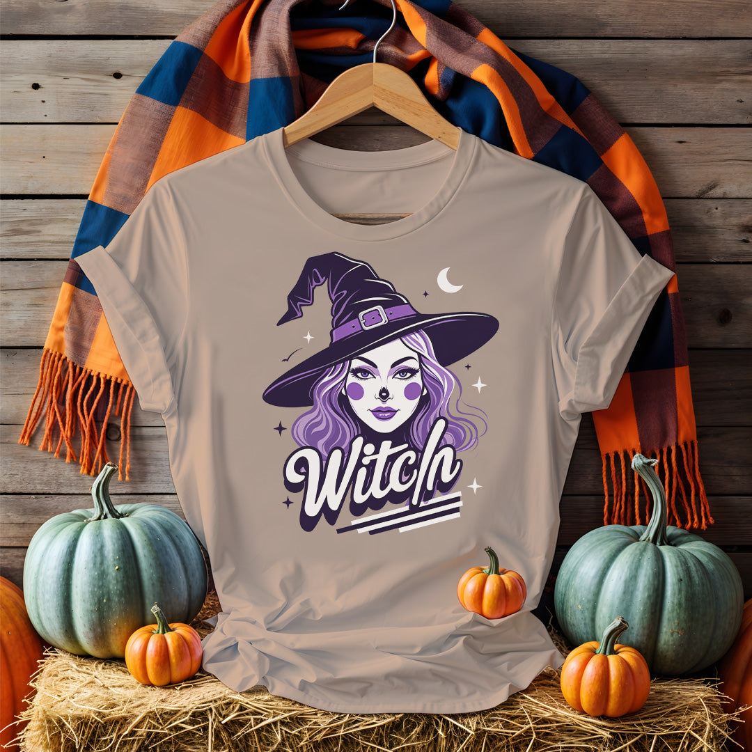 Funny witch meme t-shirt for Halloween with bold sarcastic text, pointy witch hat, bats, and spooky vibe printed on a soft black unisex shirt
