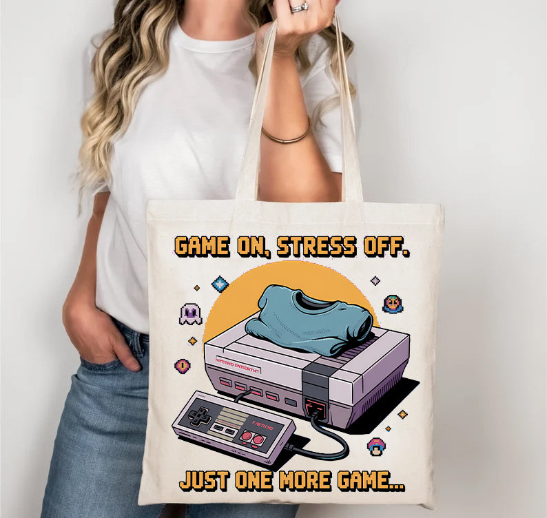 Game On Stress Off Retro Geek Lovers Tote Bag | Made to Order | Memez Store