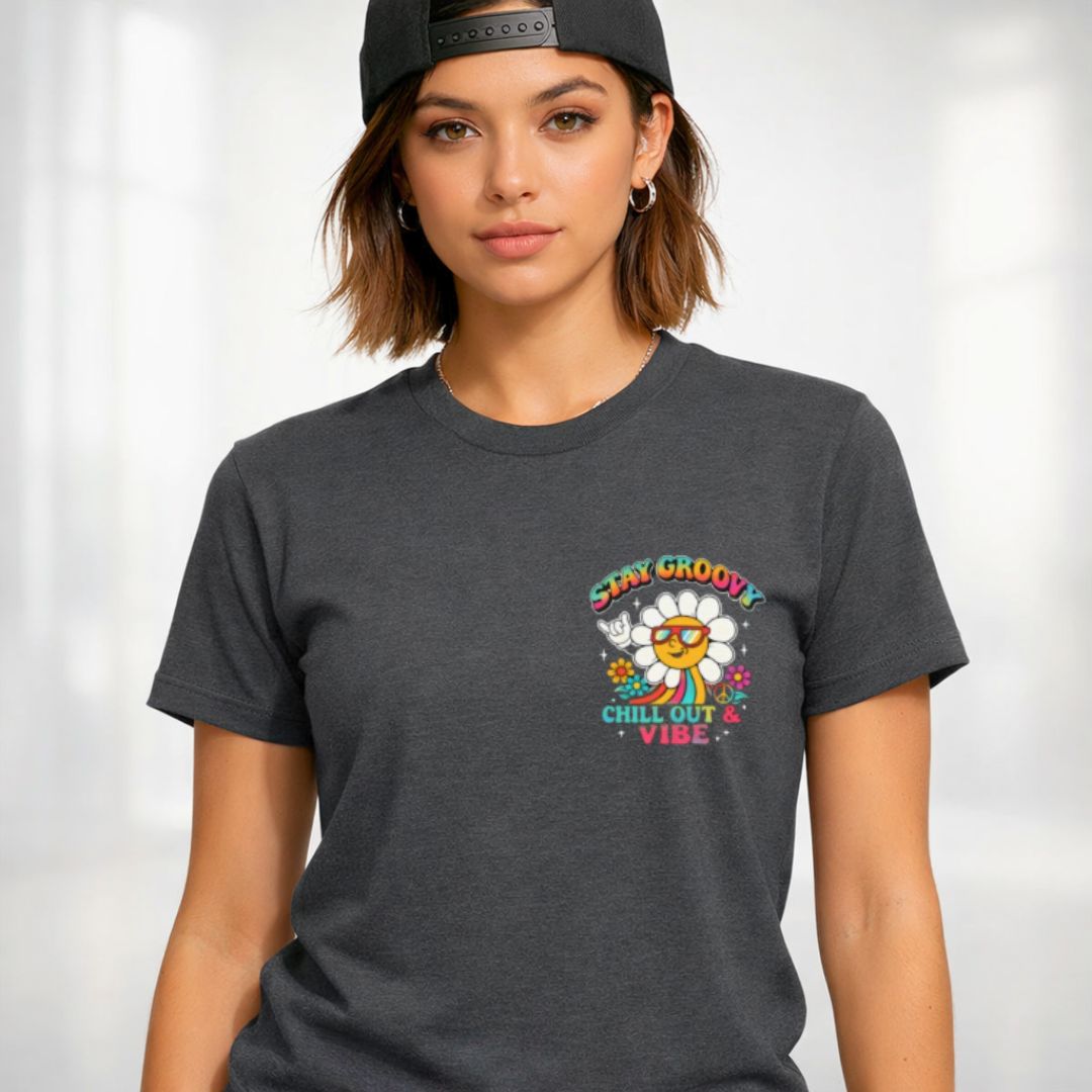 Good Vibes Streetwear Tee with radiating sun design on model