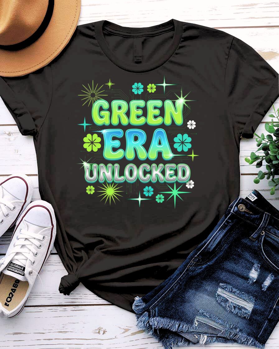 Green Era Unlocked St. Patrick's Day Tee with shamrock progress bar on model