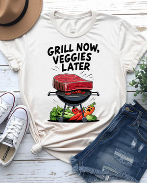Grill Now Veggies Later funny BBQ meme T-shirt by Memez Store, perfect for grilling enthusiasts