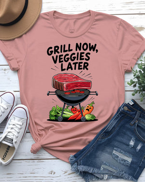 Grill Now Veggies Later funny BBQ meme T-shirt by Memez Store, perfect for grilling enthusiasts