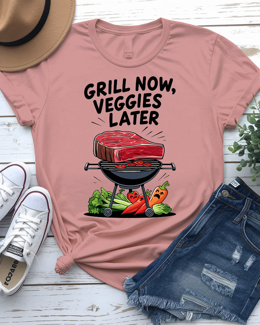 Grill Now Veggies Later funny BBQ meme T-shirt by Memez Store, perfect for grilling enthusiasts