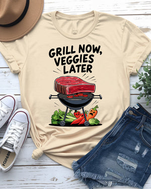 Grill Now Veggies Later funny BBQ meme T-shirt by Memez Store, perfect for grilling enthusiasts