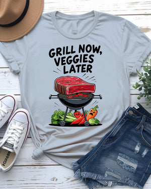 Grill Now Veggies Later funny BBQ meme T-shirt by Memez Store, perfect for grilling enthusiasts