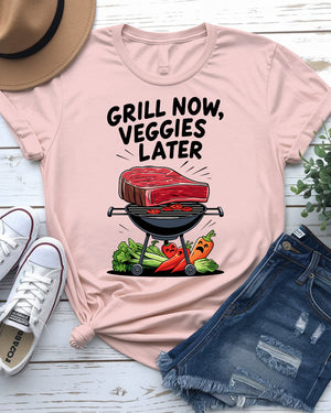 Grill Now Veggies Later funny BBQ meme T-shirt by Memez Store, perfect for grilling enthusiasts