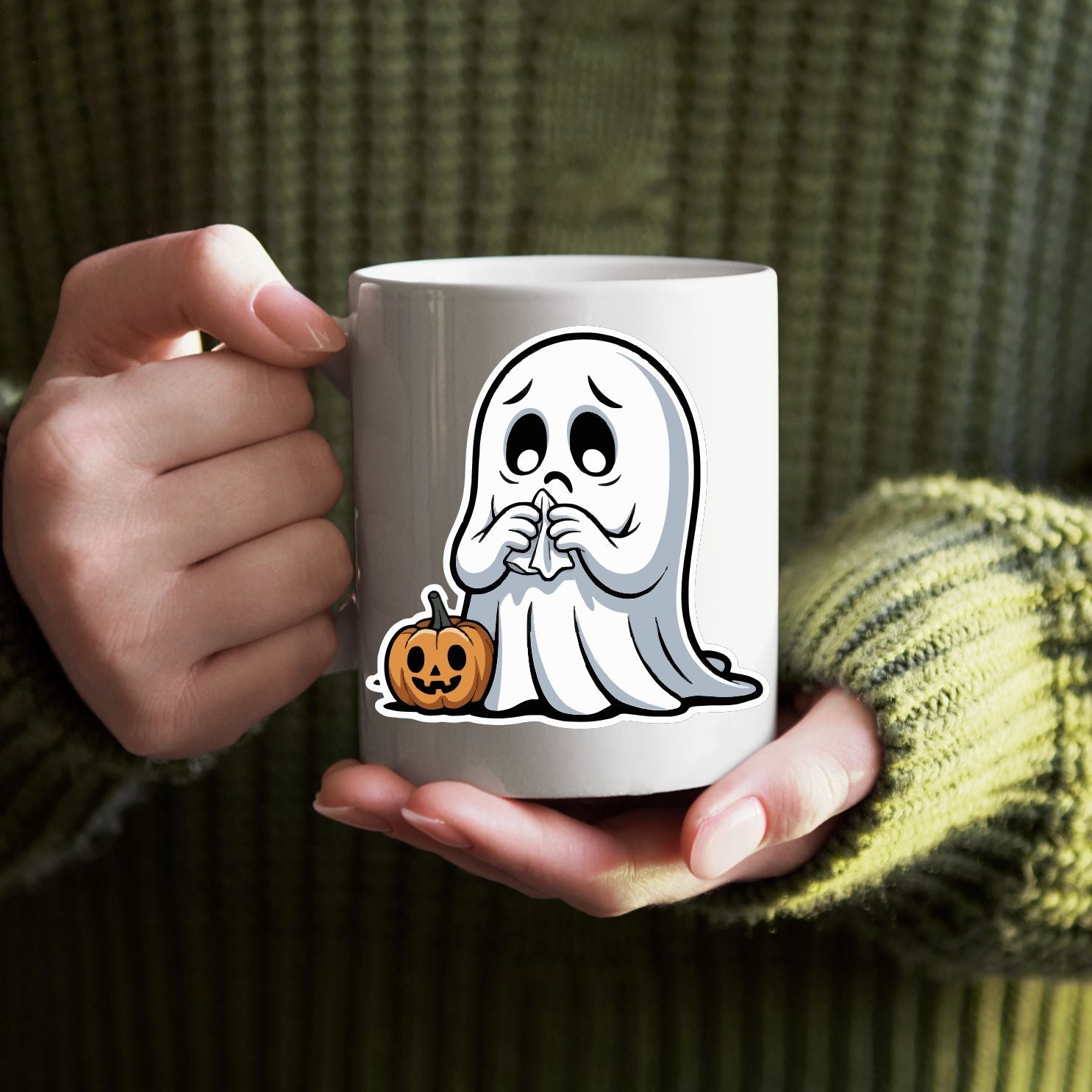 “Ceramic Halloween mug with pumpkin and ghost design