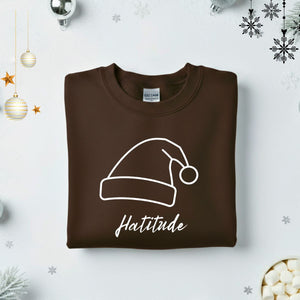Hatitude Typographical Embroidered Sweatshirt – sassy hat lover sweatshirt with minimalist embroidered text, soft unisex fleece pullover from Memez.Store, perfect for cap culture and fashion enthusiasts.