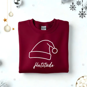 Hatitude Typographical Embroidered Sweatshirt – sassy hat lover sweatshirt with minimalist embroidered text, soft unisex fleece pullover from Memez.Store, perfect for cap culture and fashion enthusiasts.