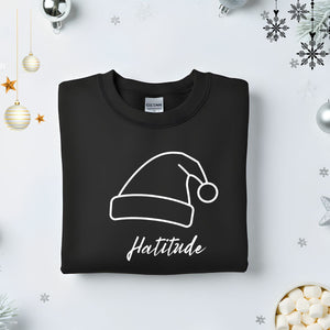 Hatitude Typographical Embroidered Sweatshirt – sassy hat lover sweatshirt with minimalist embroidered text, soft unisex fleece pullover from Memez.Store, perfect for cap culture and fashion enthusiasts.