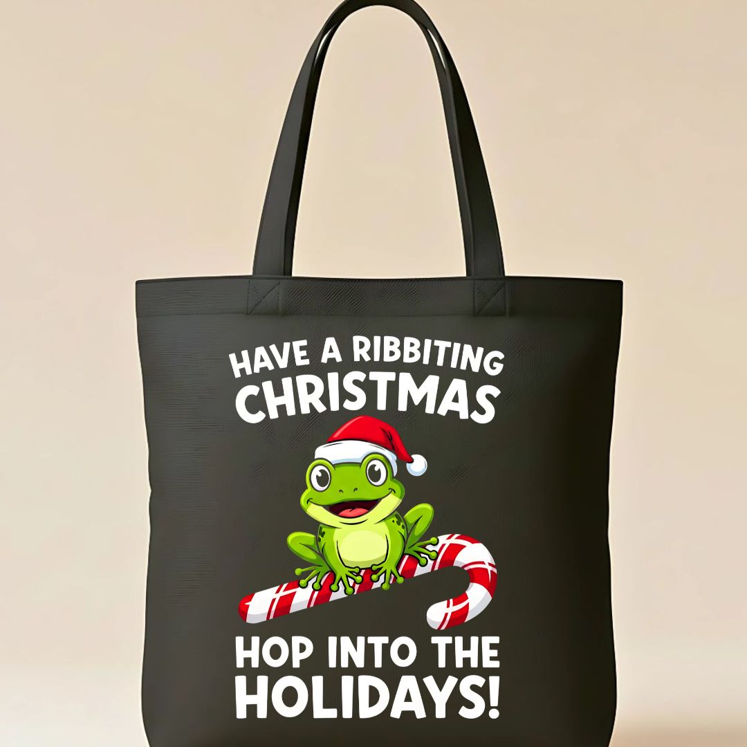 Have A Ribbiting Christmas Tote Bag with festive frog design