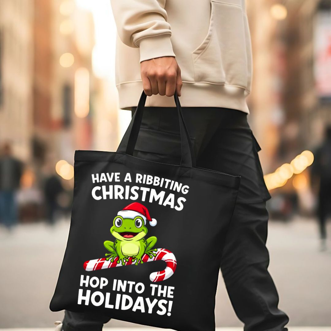 Have A Ribbiting Christmas Tote Bag with festive frog design
