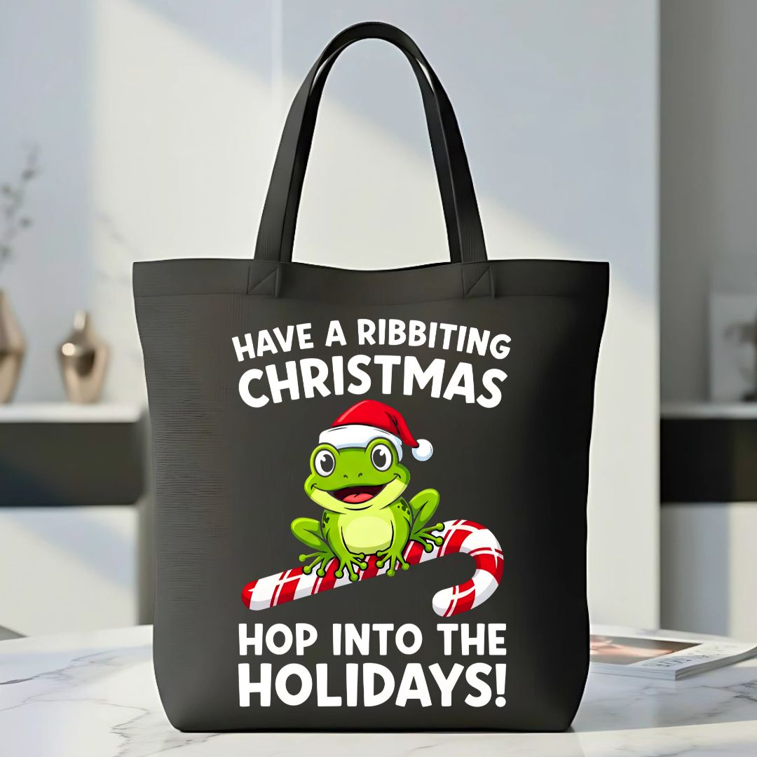 Have A Ribbiting Christmas Tote Bag with festive frog design