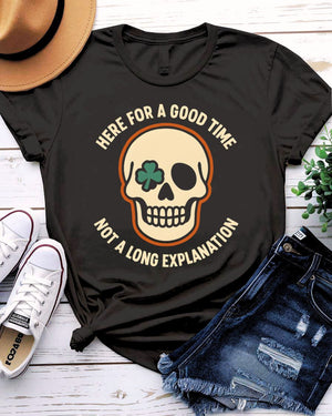 Here for a Good Time St. Patrick's Day Tee with shamrock pint glass on model
