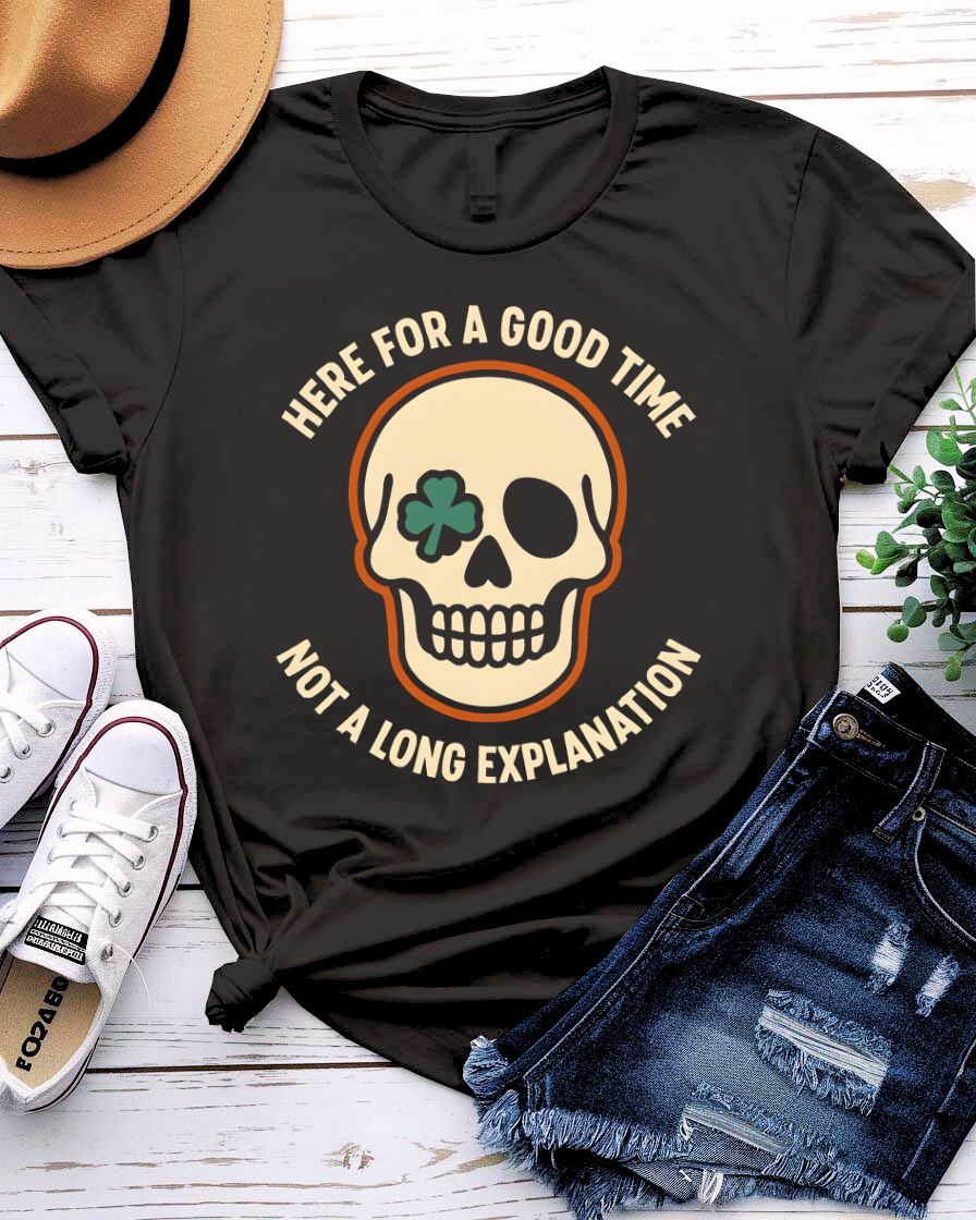 Here for a Good Time St. Patrick's Day Tee with shamrock pint glass on model