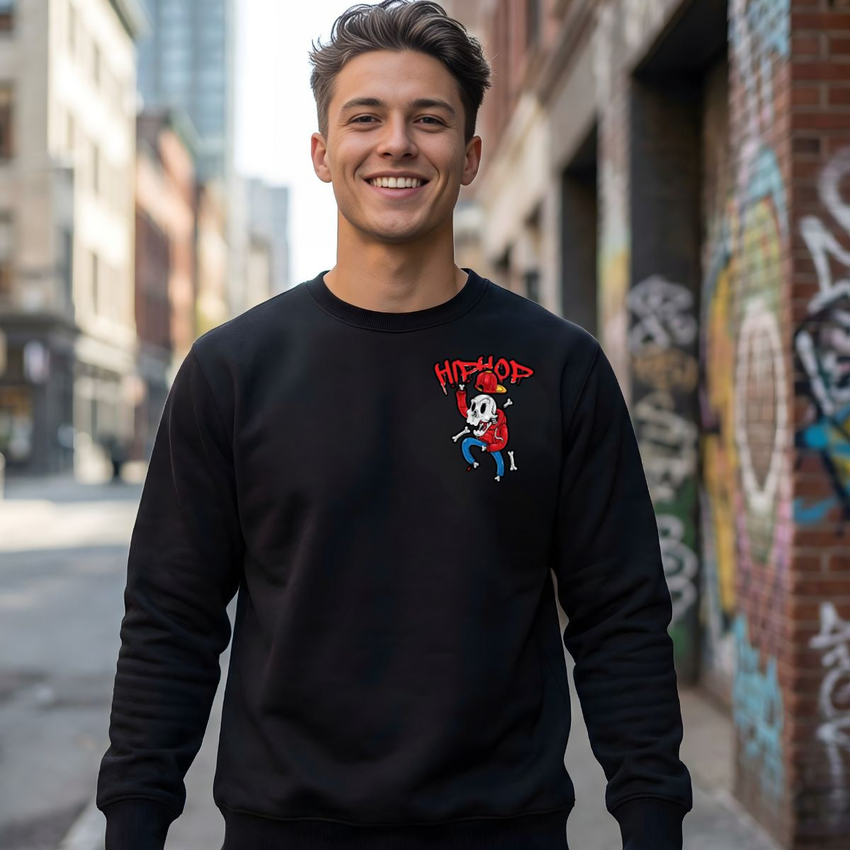 Hip hop skull streetwear crewneck sweatshirt front view