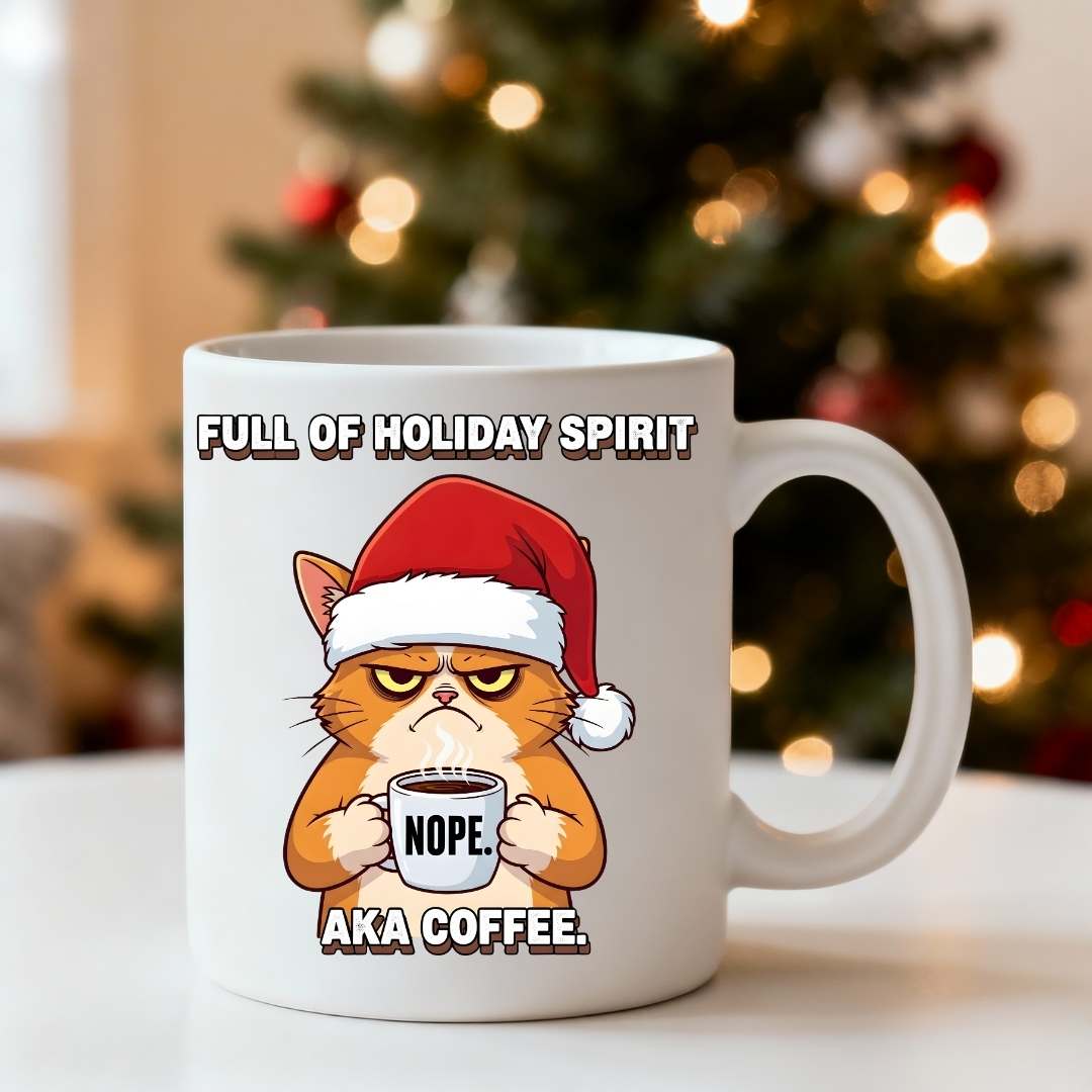 Holiday Spirit Ceramic Mug – funny Christmas coffee mug with festive meme design by Memez.Store.”