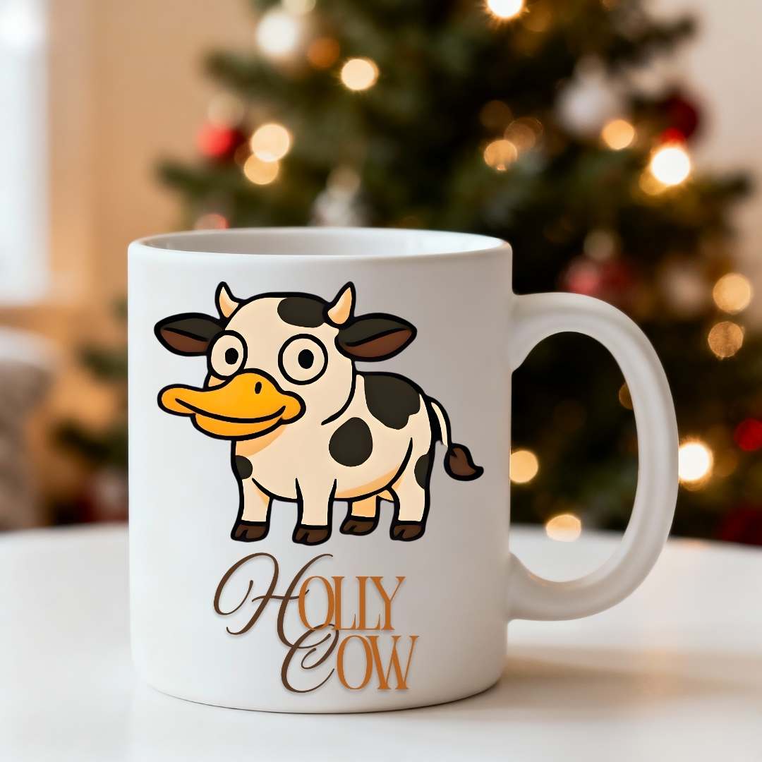 “Holly Cow Coffee Mug – funny Christmas cow meme ceramic mug for coffee lovers, humorous festive drinkware by Memez.Store