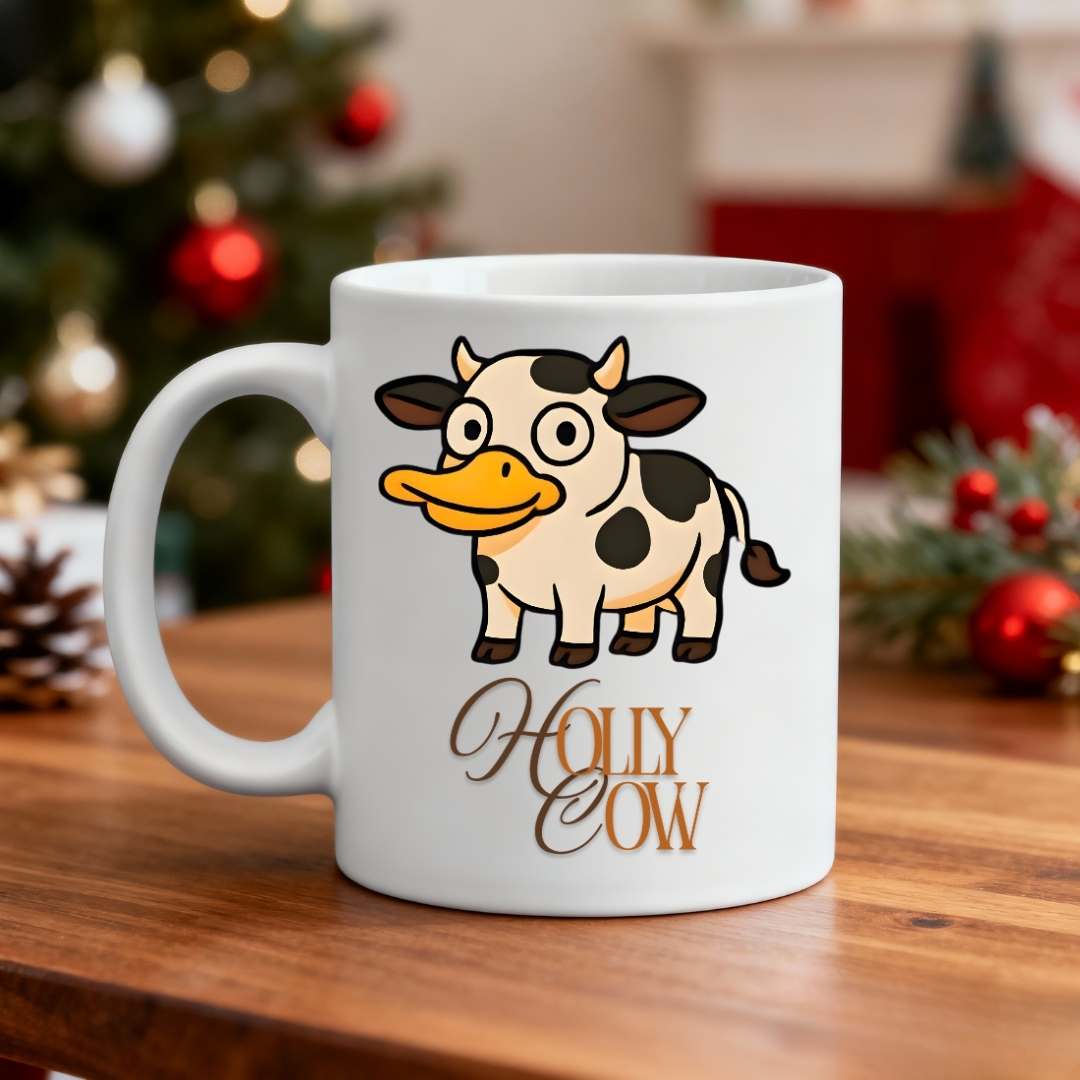 “Holly Cow Coffee Mug – funny Christmas cow meme ceramic mug for coffee lovers, humorous festive drinkware by Memez.Store