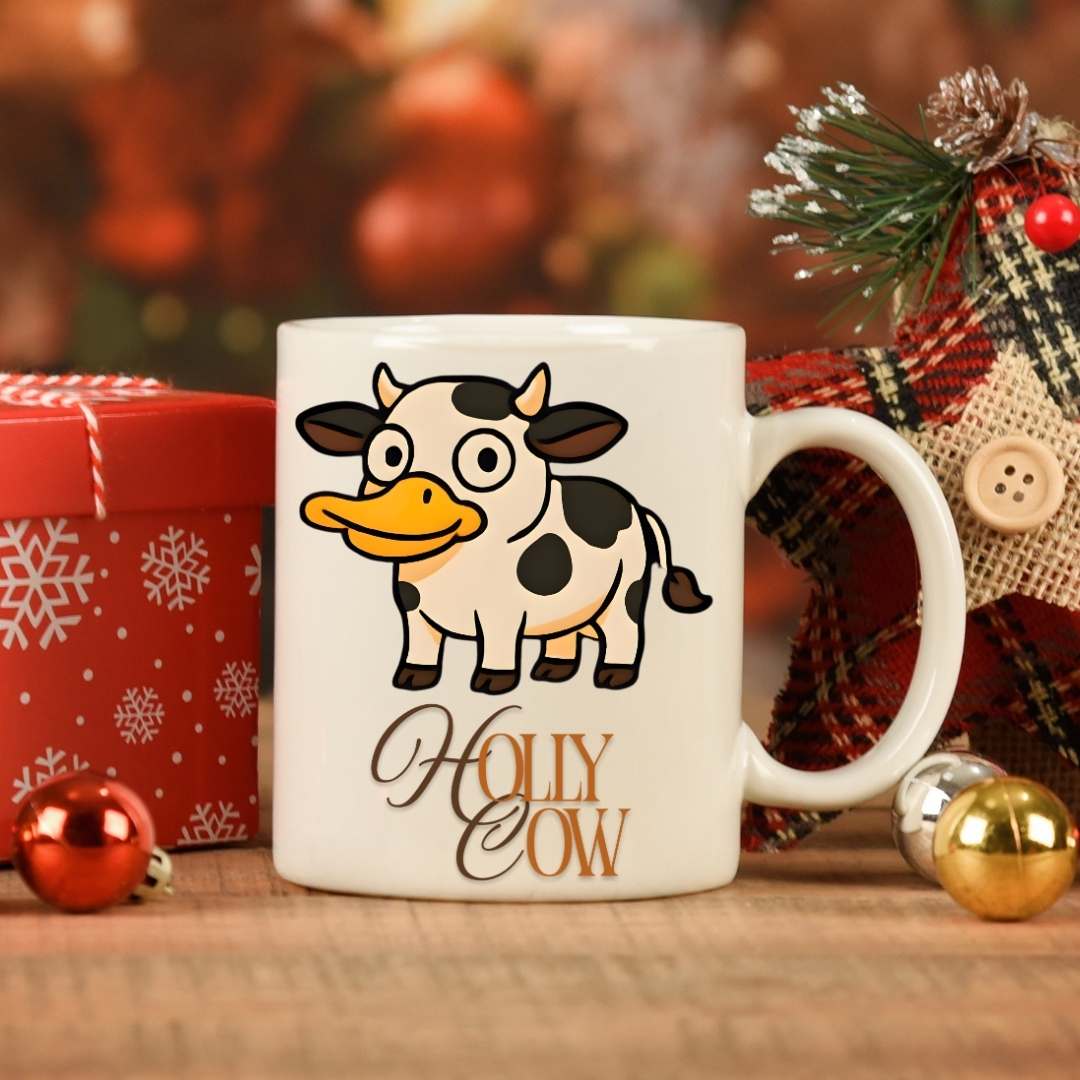 “Holly Cow Coffee Mug – funny Christmas cow meme ceramic mug for coffee lovers, humorous festive drinkware by Memez.Store
