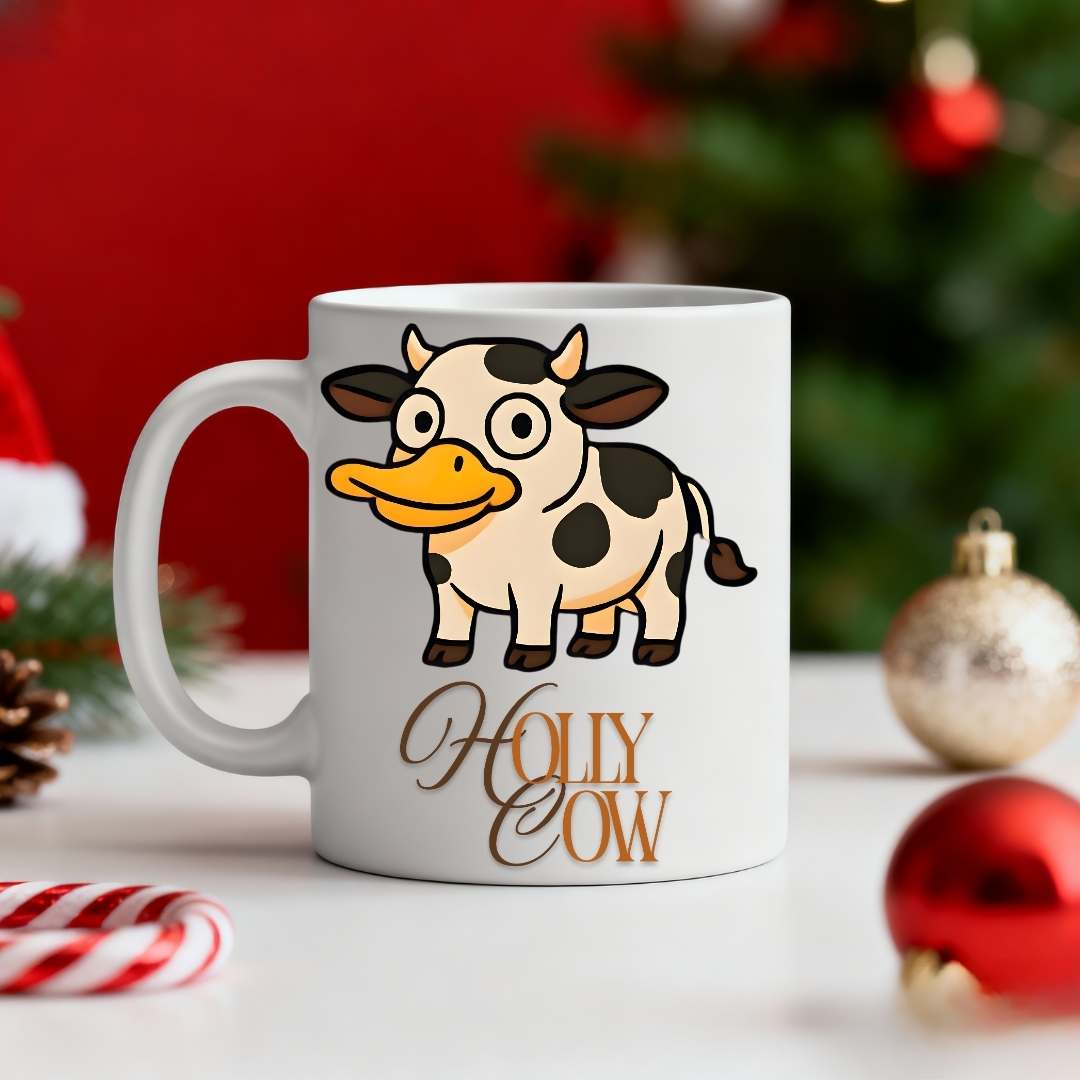 “Holly Cow Coffee Mug – funny Christmas cow meme ceramic mug for coffee lovers, humorous festive drinkware by Memez.Store