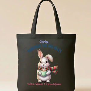 Hopping Through Holidays Tote Bag with cute bunny in winter gear