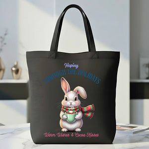 Hopping Through Holidays Tote Bag with cute bunny in winter gear