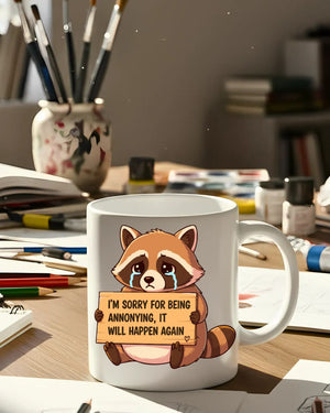 I Am Sorry for Being Annoying Raccoon Mug – Funny ceramic coffee cup with raccoon and apology design