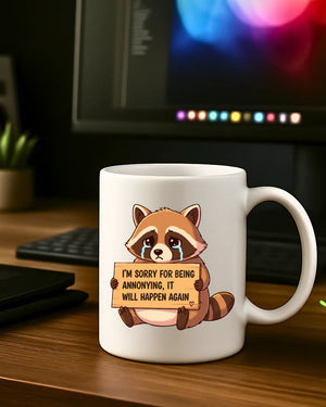 I Am Sorry for Being Annoying Raccoon Mug – Funny ceramic coffee cup with raccoon and apology design
