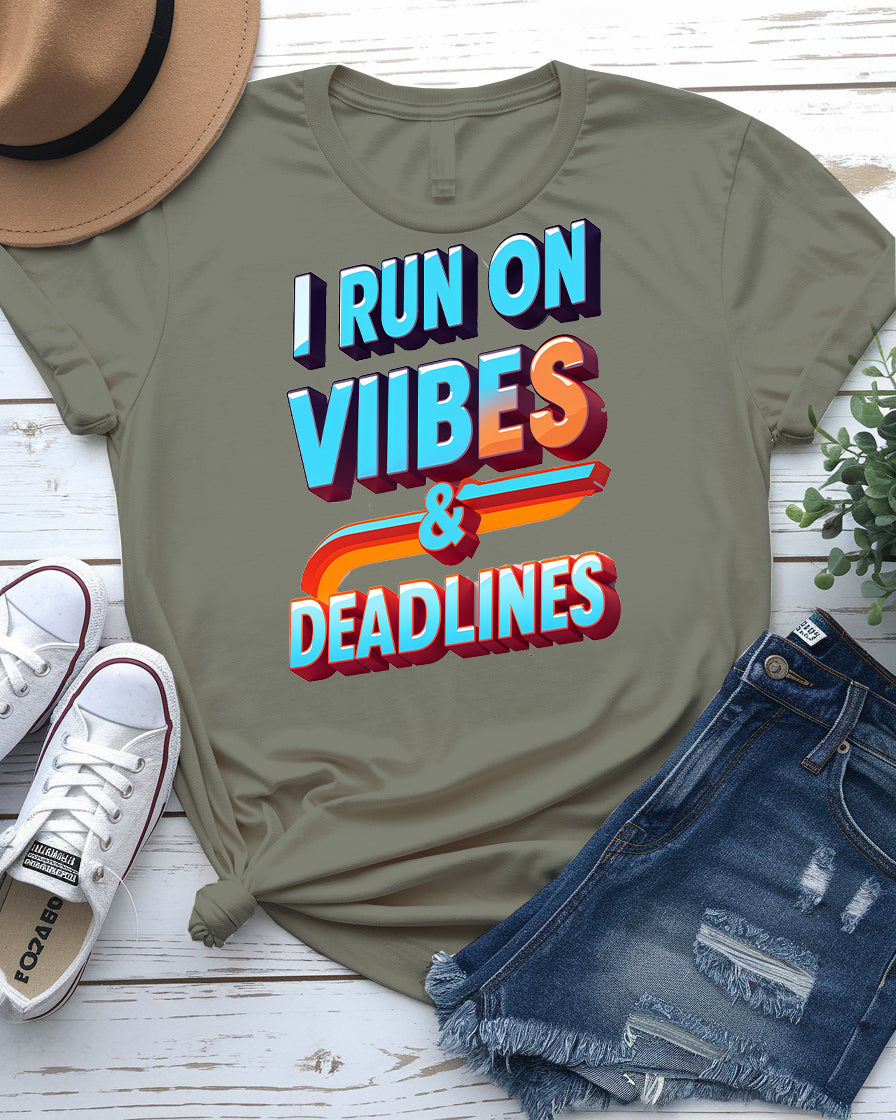 I Run on Vibes and Deadlines Tee - Funny Work Humor | Memez Store