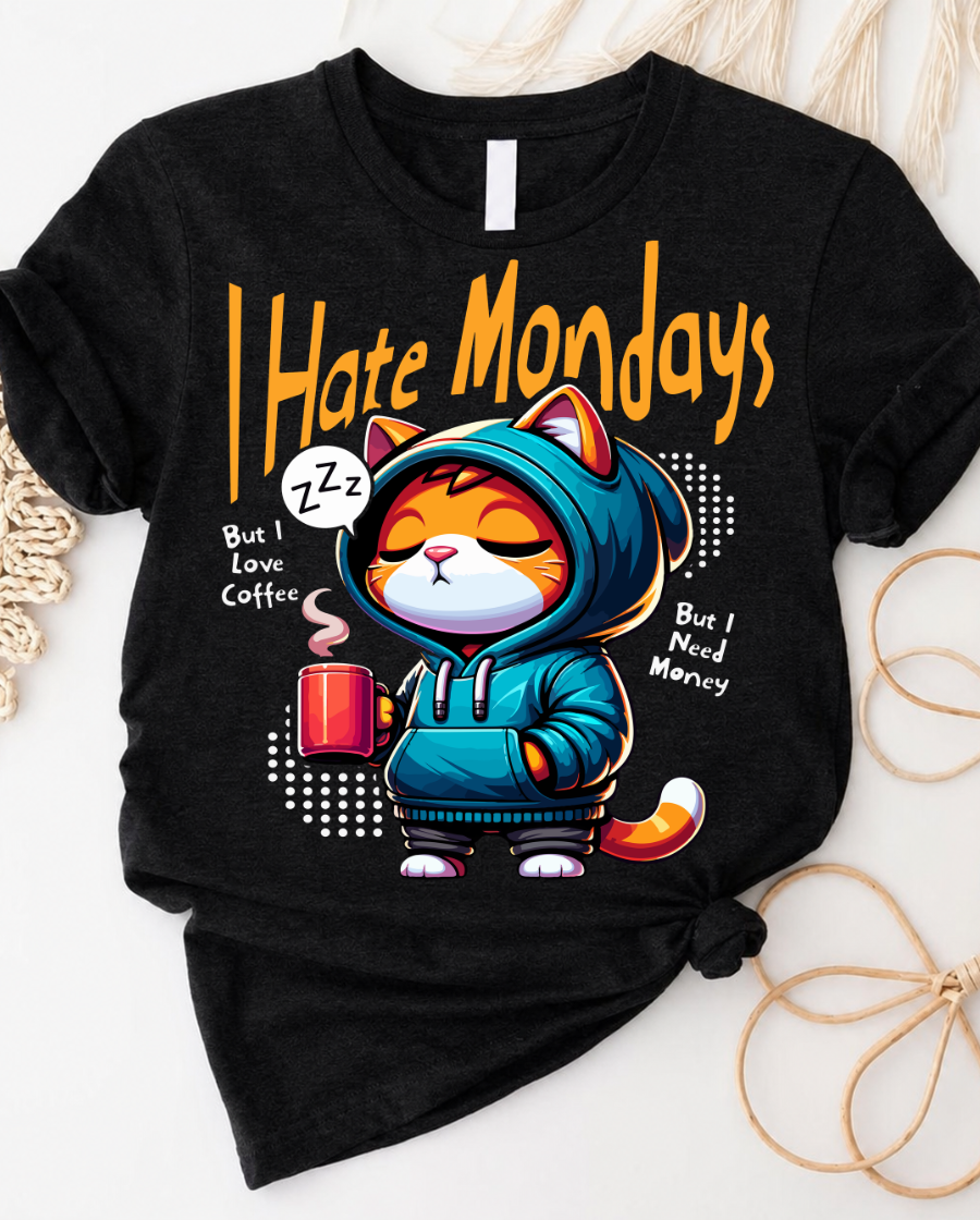 I hate mondays funny coffee cat t-shirt with grumpy cat and coffee mug